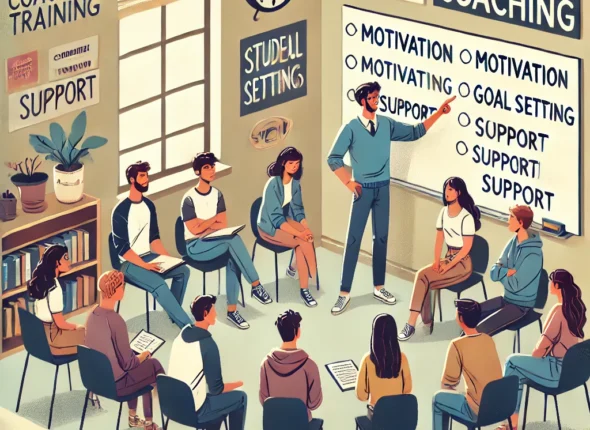 DALLE 2024-10-27 145822 - A student coaching training session scene featuring a classroom environment where an instructor is guiding future student coaches The instructor use