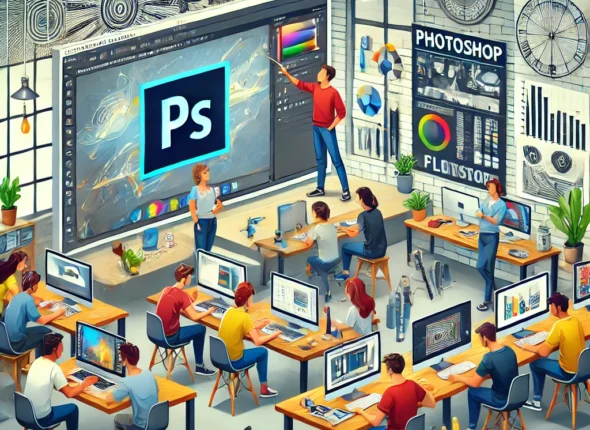 DALLE 2024-10-27 151911 - An illustration of a Photoshop training session The scene includes a digital design workspace with a trainer guiding students on using Photoshop tool