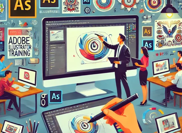DALLE 2024-10-27 174119 - An illustration of an Adobe Illustrator training session The scene includes a digital design workspace with a trainer demonstrating the use of Illust