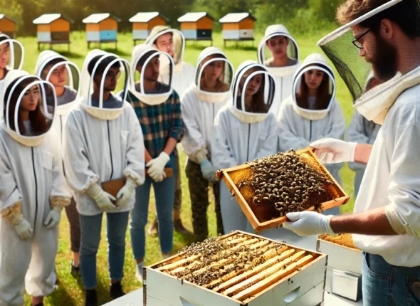 DALL·E 2024-10-13 19.00.10 - A beekeeping training session in progress, with students wearing protective beekeeping suits and observing an experienced beekeeper handling a hive. T