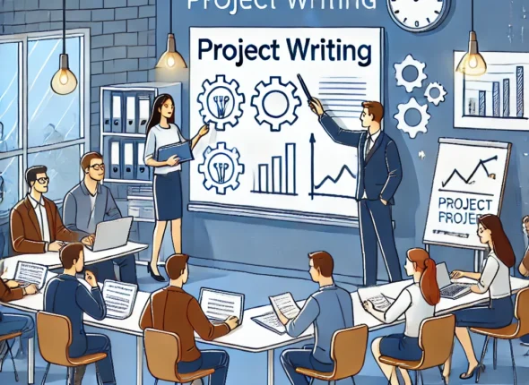 DALL·E 2024-10-18 00.12.37 - An illustration of a project writing training session in a workshop setting. The scene includes a trainer presenting project planning techniques on a