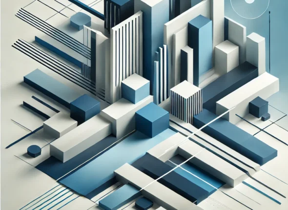 DALL·E 2024-10-19 02.12.51 - A visually captivating artwork displaying a professional composition of geometric shapes and lines in blue and white tones. The light and shadows crea