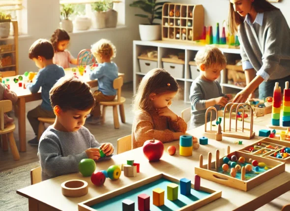 DALL·E 2024-10-19 02.21.05 - A Montessori classroom scene where children are engaging with colorful educational materials. They are working independently or in small groups, each