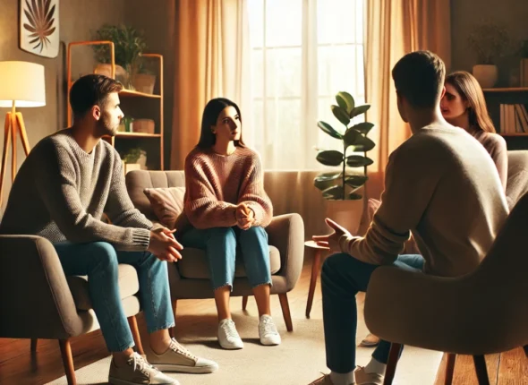 DALL·E 2024-10-19 22.27.25 - A warm and comfortable setting for a family and couple therapy session. A therapist is seated, facing a couple or family members, encouraging open com