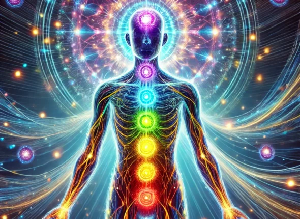 DALL·E 2024-10-19 23.01.16 - An illustration of a human figure with energy fields and chakras represented by colorful points along the body. The chakras are highlighted with radia