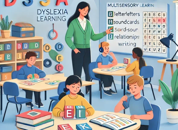 DALL·E 2024-10-20 00.02.03 - A classroom setting for dyslexia education where students with dyslexia are working with multisensory learning materials. The classroom has colorful l
