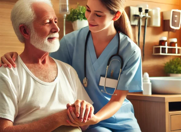 DALL·E 2024-10-20 00.58.52 - A patient care room where a caregiver is helping an elderly patient who is sitting up in bed. The caregiver is gently assisting the patient to ensure