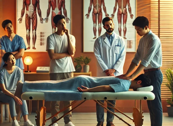 DALL·E 2024-10-20 01.51.40 - A massage therapy training session focused on health and wellness. The scene takes place in a calming, well-lit classroom with an instructor demonstra