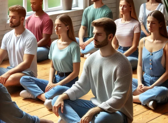 DALL·E 2024-10-20 02.15.21 - A group of people participating in an anger management training session in a calm, relaxed setting. The instructor is demonstrating breathing and rela