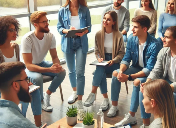 DALL·E 2024-10-20 14.10.34 - A group of individuals participating in a personal development training session. They are engaged in group activities and motivational exercises under