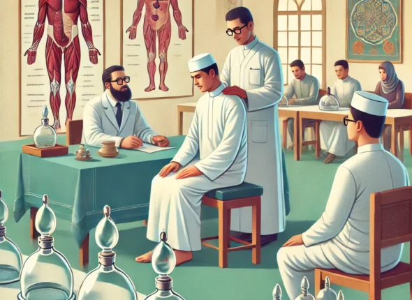 DALLE 2024 11 03 215030 An Illustration Depicting A Hijama Cupping Therapy Training Session The Scene Includes A Calm Environment With A Trainer Demonstrating The Hijama T