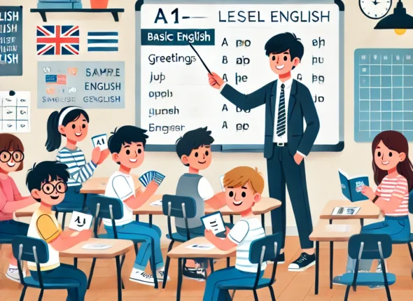 DALLE 2024 11 10 142447 A Classroom Scene Showing Beginners Learning A1 Level English Students Are Engaged In Basic English Activities Like Practicing Greetings Learning V