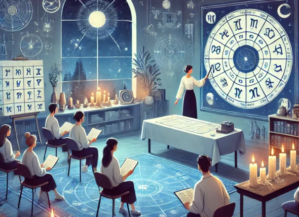DALLE 2024 11 10 152113 An Illustration Depicting An Astrology Training Session The Scene Includes A Calm Mystical Environment Where A Trainer Is Teaching Students About As