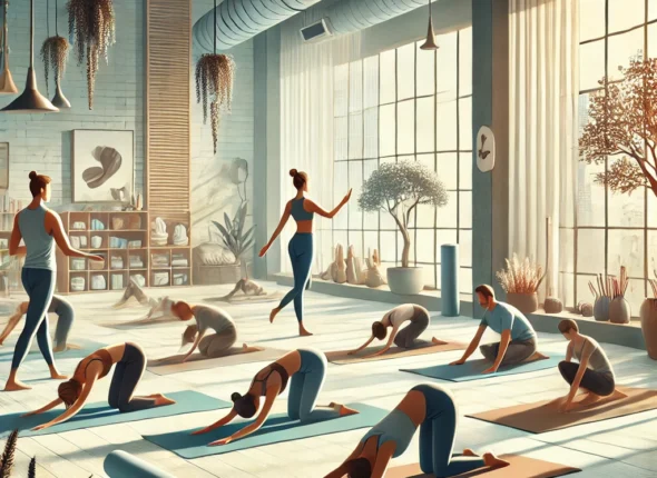 DALLE 2024 11 10 170312 An Illustration Depicting A Yoga Training Session The Scene Includes A Peaceful Studio Environment With A Trainer Guiding Students Through Yoga Poses