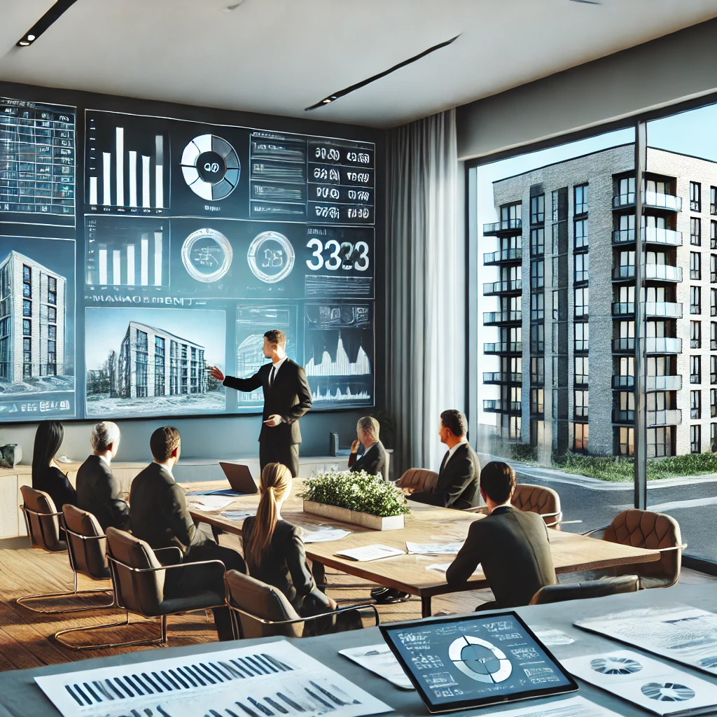 DALLE 2025 02 08 164728 A Modern Apartment Complex With A Professional Building Manager Discussing Management Plans With Residents In A Meeting Room The Scene Includes Finan