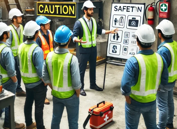 DALLE 2025 02 08 181237 A Workplace Safety Training Session With Workers Wearing Protective Helmets And Vests The Instructor Is Demonstrating Safety Procedures Using A White