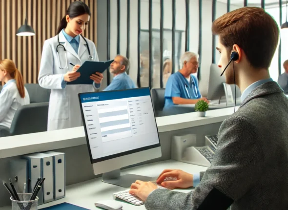 DALLE 2025 02 08 184027 A Modern Hospital Reception Area With A Medical Secretary Assisting A Patient The Secretary Is Using A Computer To Enter Patient Details While Other