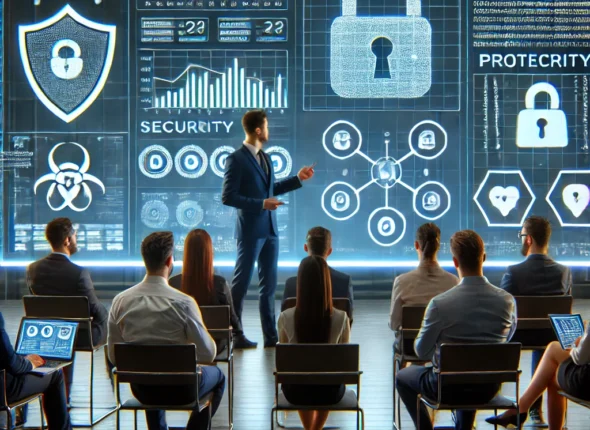 DALLE 2025 02 08 191359 A Cybersecurity Training Session In A High Tech Office Setting A Security Expert Is Presenting Data On A Large Screen Showing Charts On Hacking Thre