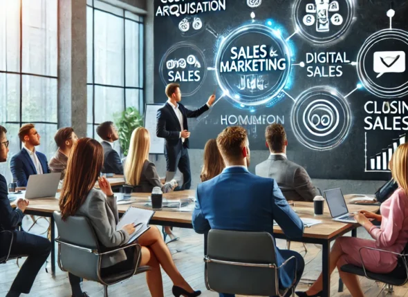 DALLE 2025 02 08 194829 A Professional Sales And Marketing Training Session In A Modern Office A Business Coach Is Presenting Strategies On A Large Screen Discussing Custom