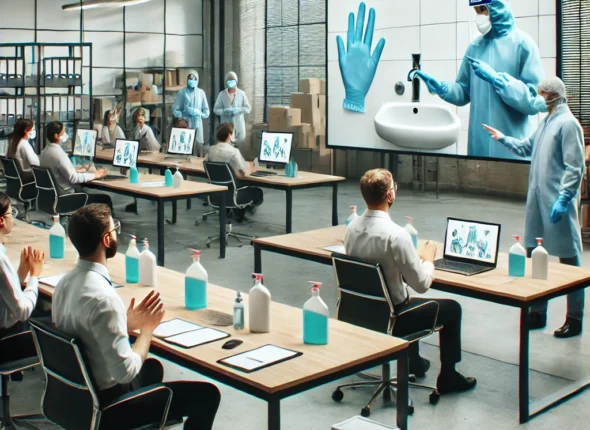 DALLE 2025 02 08 201346 A Workplace Hygiene Training Session In A Professional Setting Employees Are Learning Proper Hygiene Practices Such As Hand Washing Disinfecting Wor